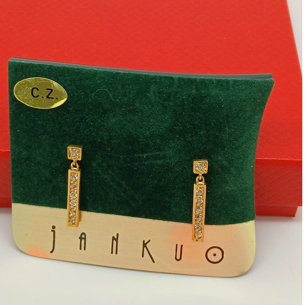 JANKUO Vintage 1990s Gold Tone Cubic Zirconia CZ Bar Drop Earrings Rare New - Picture 9 of 16
